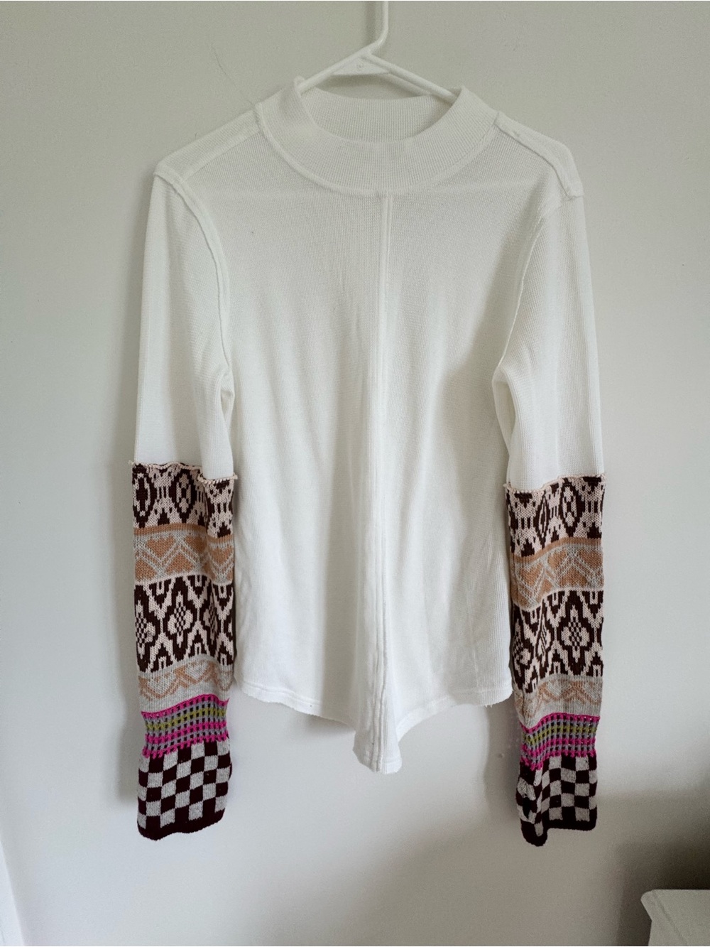 We The Free White Long Sleeve Top with Patterned Brown and Pink Sleeves
